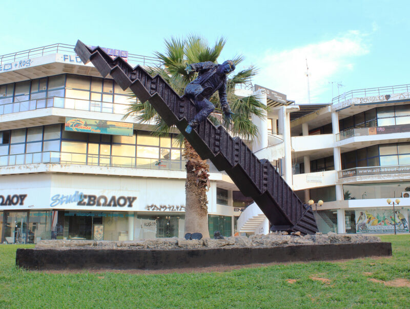 Public sculpture "Crisis" by the award winning artist Anastasios Nyfadopoulos. "Crisis" is the first sculpture in public space worldwide addressing the consequences of socioeconomic crisis worldwide.